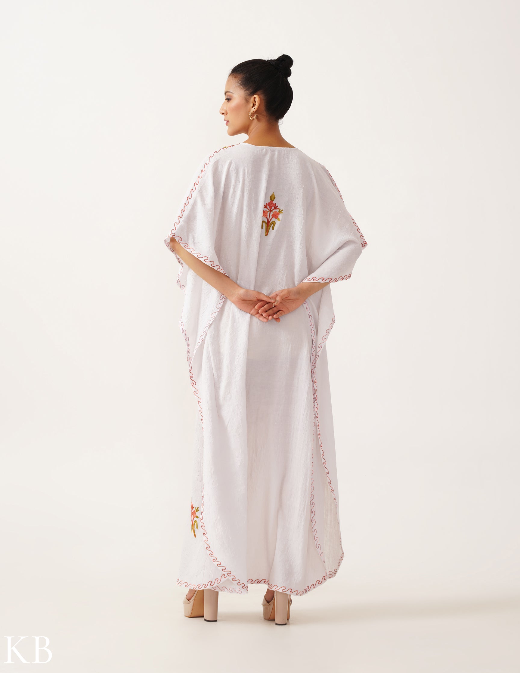 Peachy Tint  Aari Embroidered Crisp White Kaftan - Kashmir Box