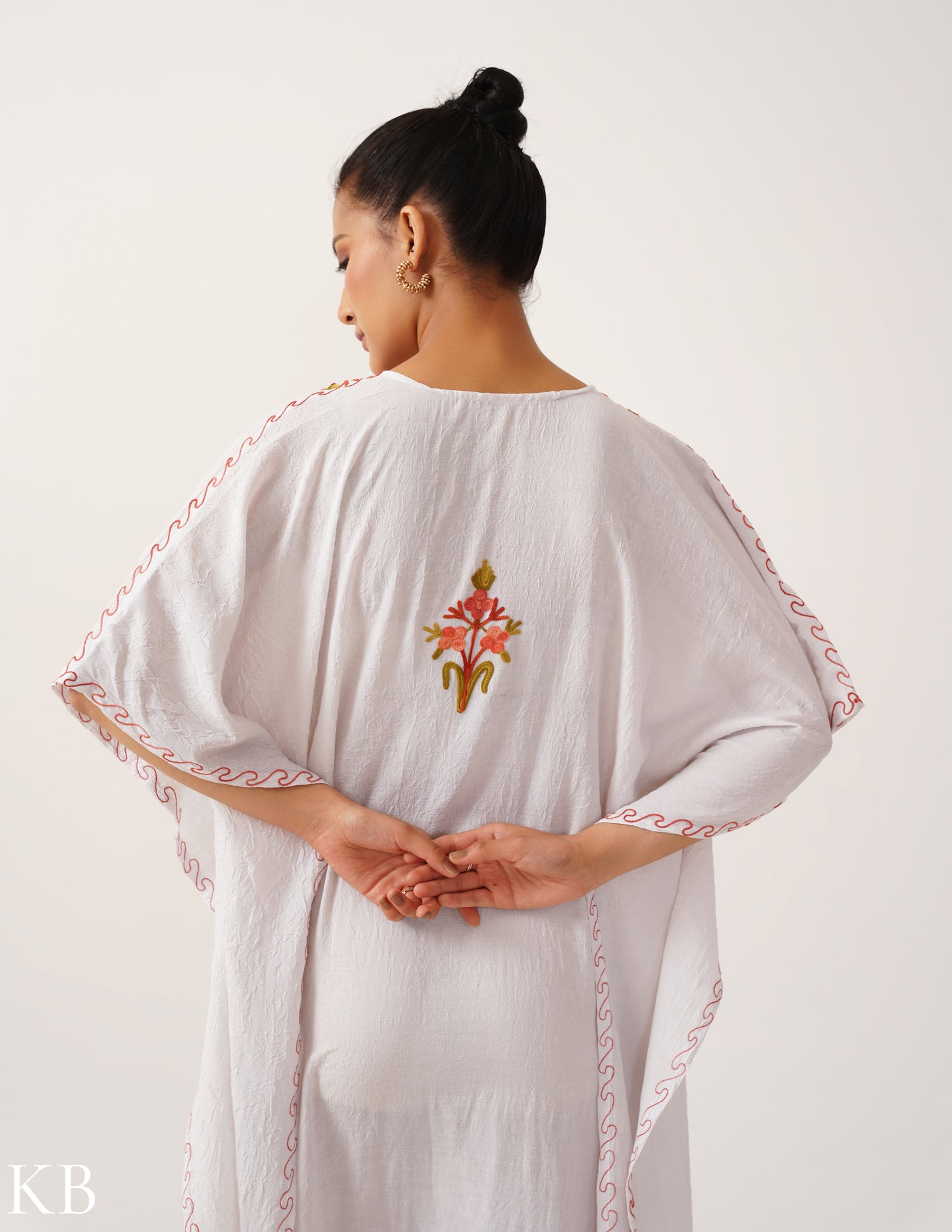 Peachy Tint  Aari Embroidered Crisp White Kaftan - Kashmir Box