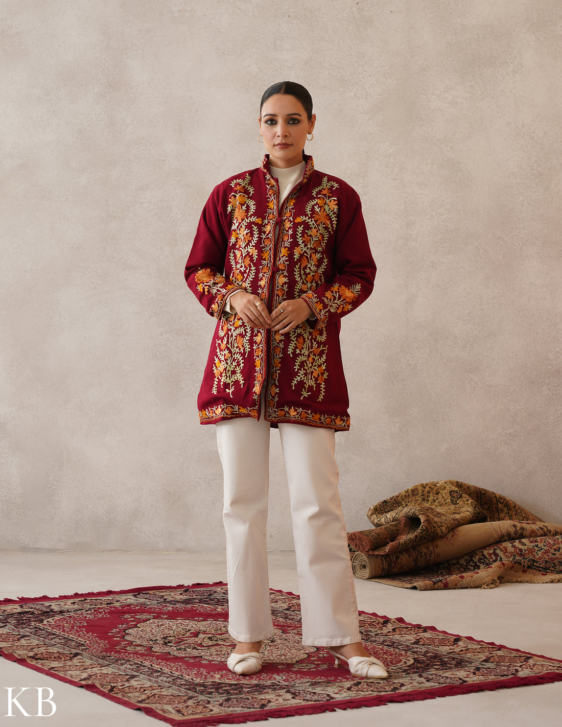 Nayaab Maroon Red Kashmiri Aari Cashmilon Jacket