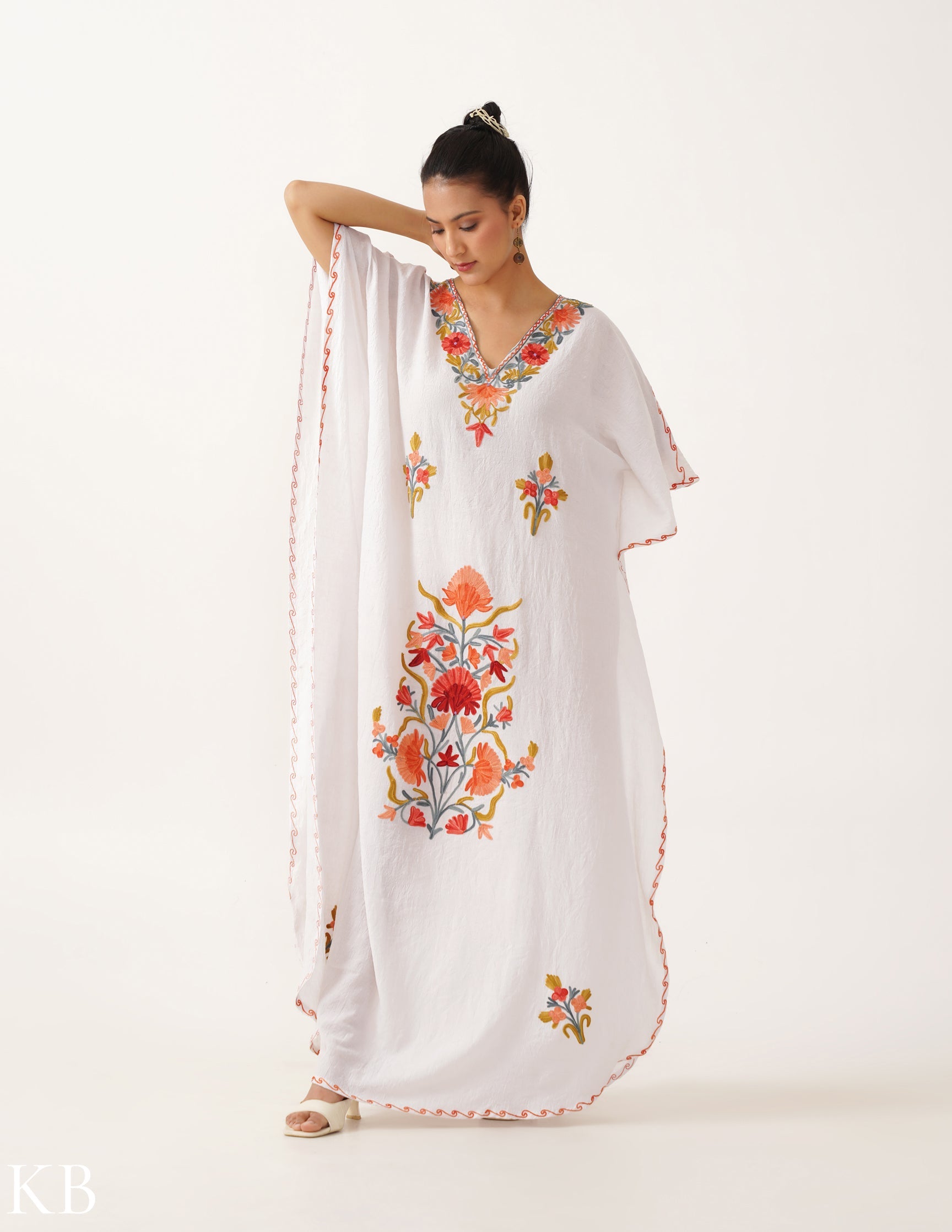 Floral Embroidered White Cotton Summer Kaftan