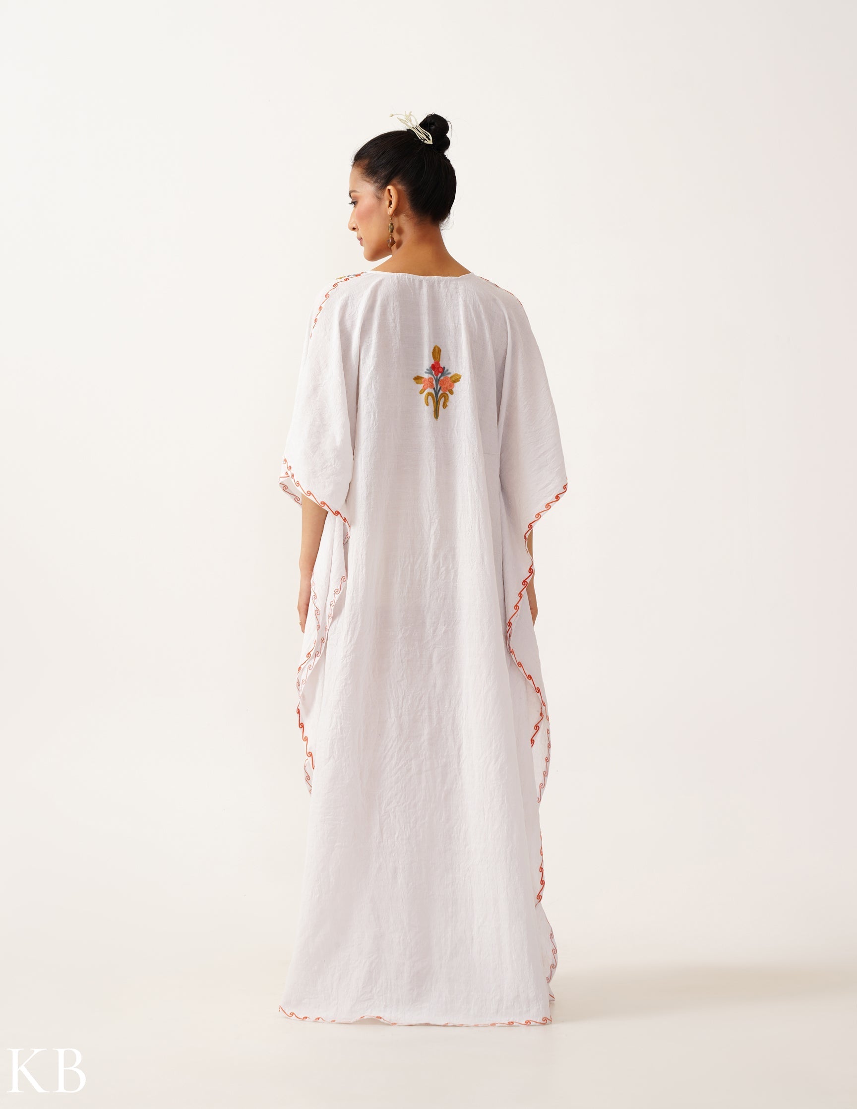 Floral Embroidered White Cotton Summer Kaftan