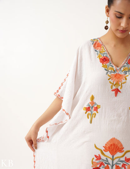 Floral Embroidered White Cotton Summer Kaftan