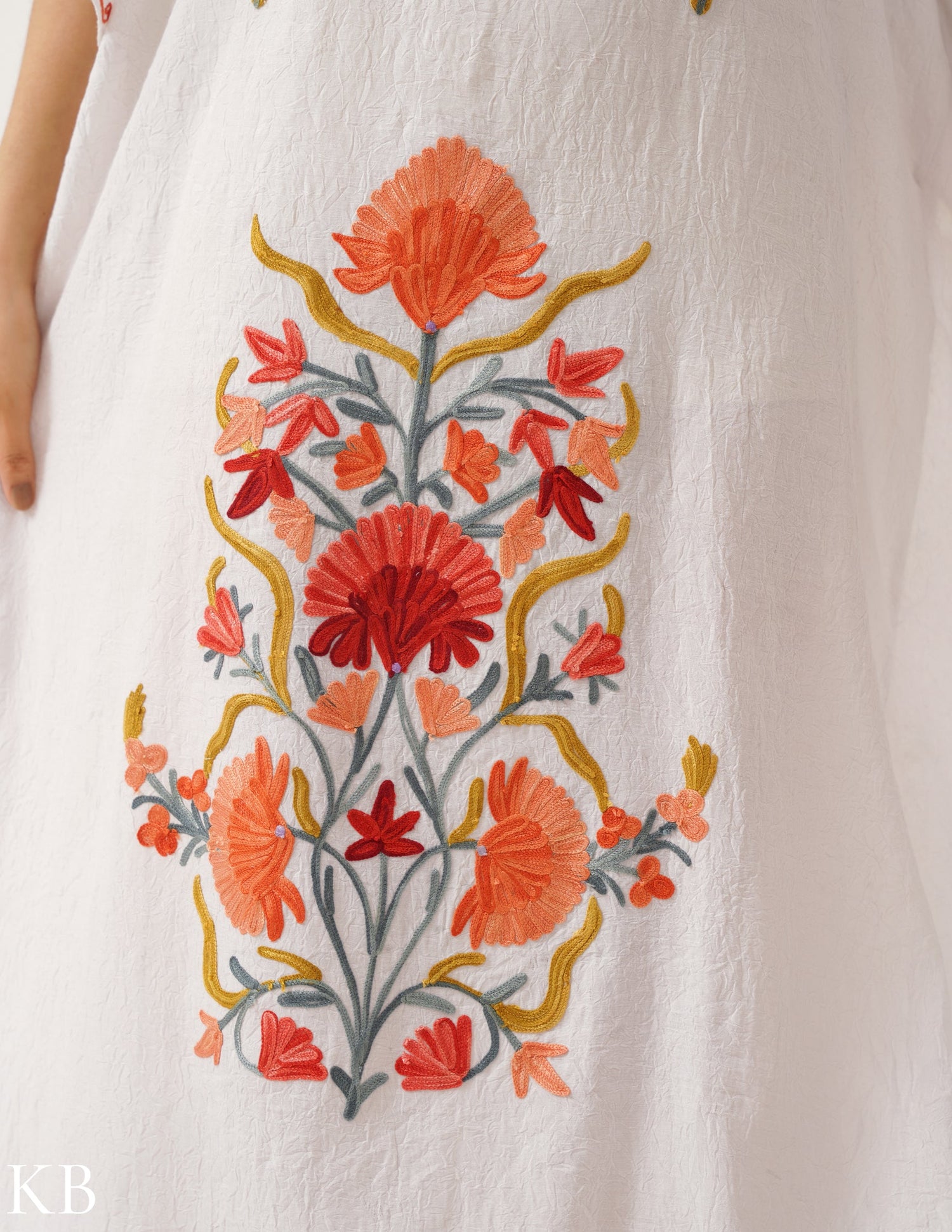 Floral Embroidered White Cotton Summer Kaftan