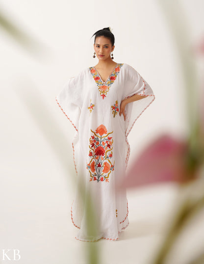 Floral Embroidered White Cotton Summer Kaftan