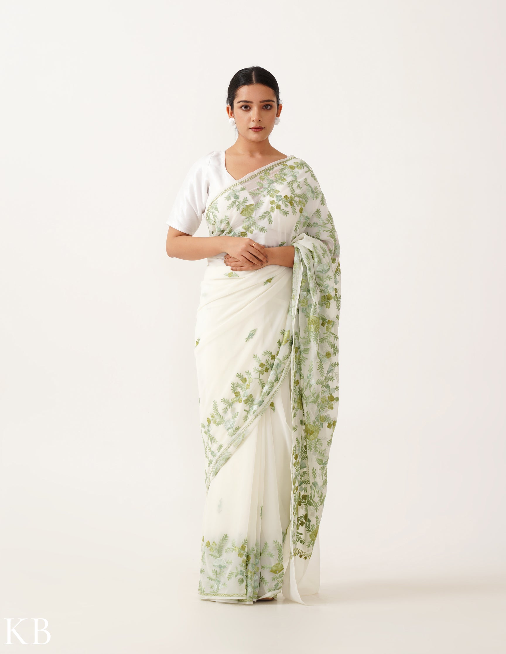 Soft Green Embroidered Off-White Georgette Saree - Kashmir Box