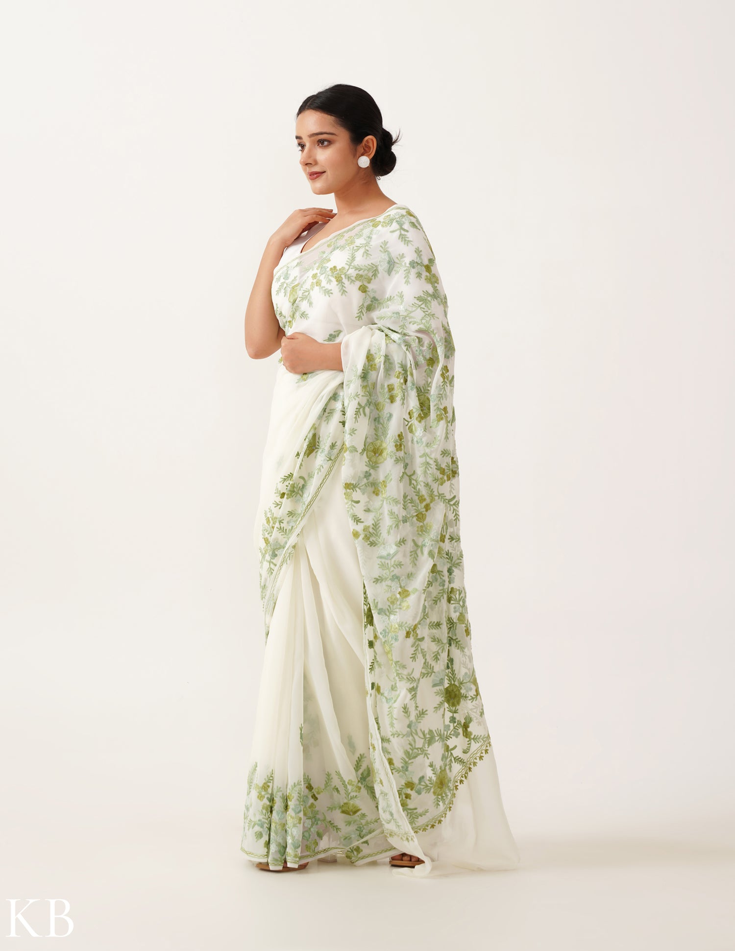 Soft Green Embroidered Off-White Georgette Saree - Kashmir Box