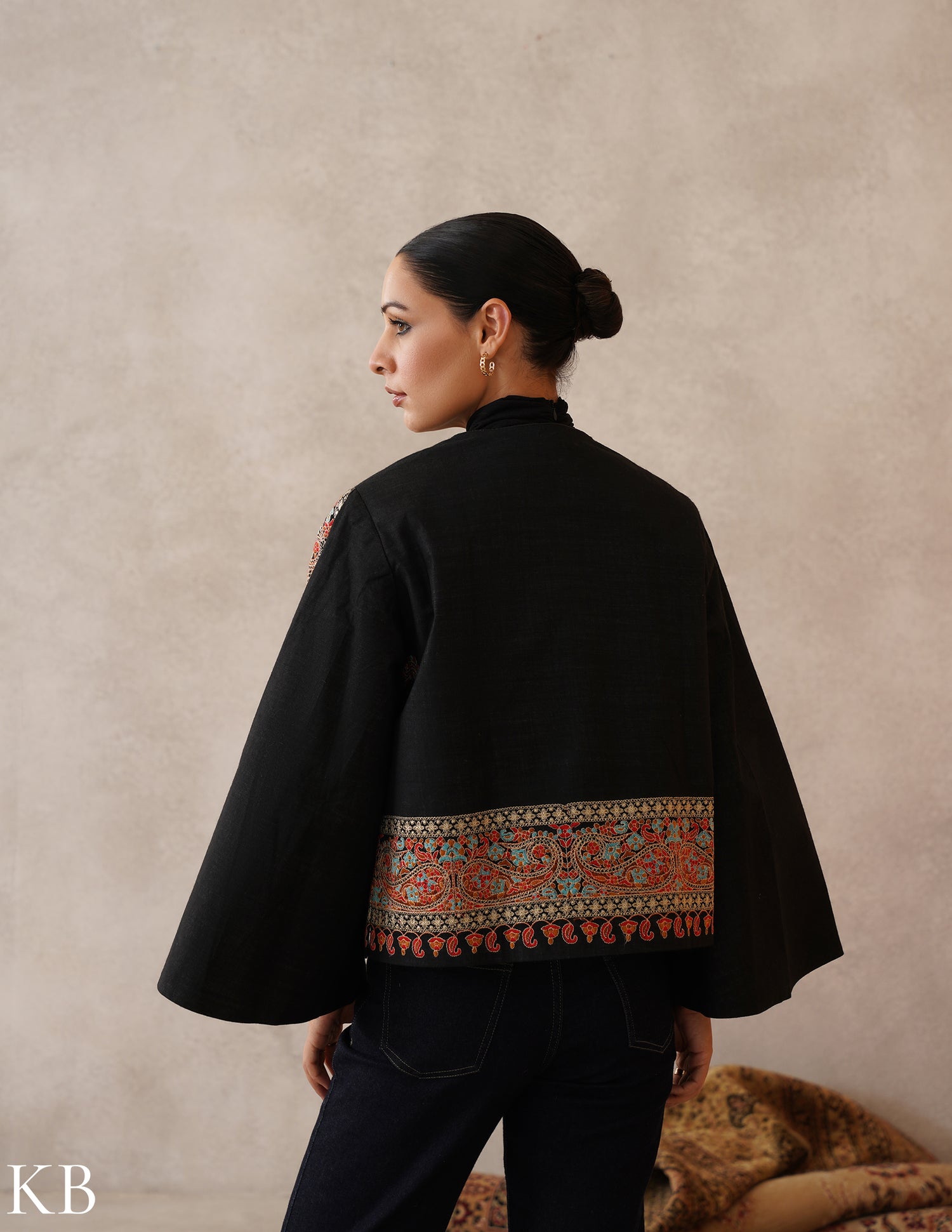 Nayaab Jet Black Kashmiri Sozni Zari Wool Cape Jacket