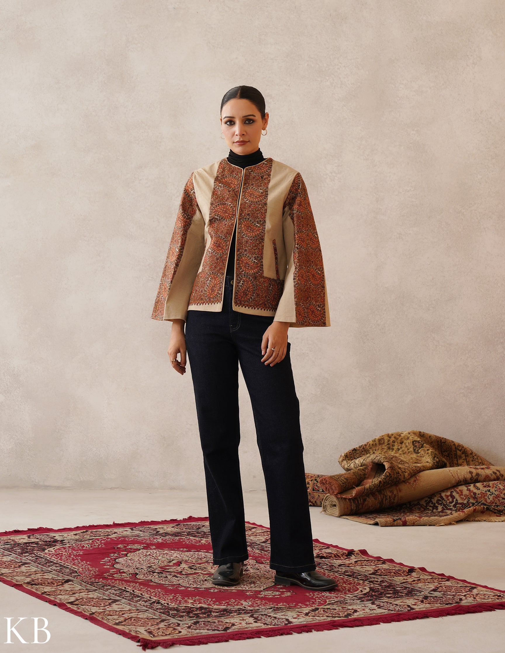 Buy Fawn Wool Sozni Embroidered Cape Jacket for Women Kashmir Box KashmirBox