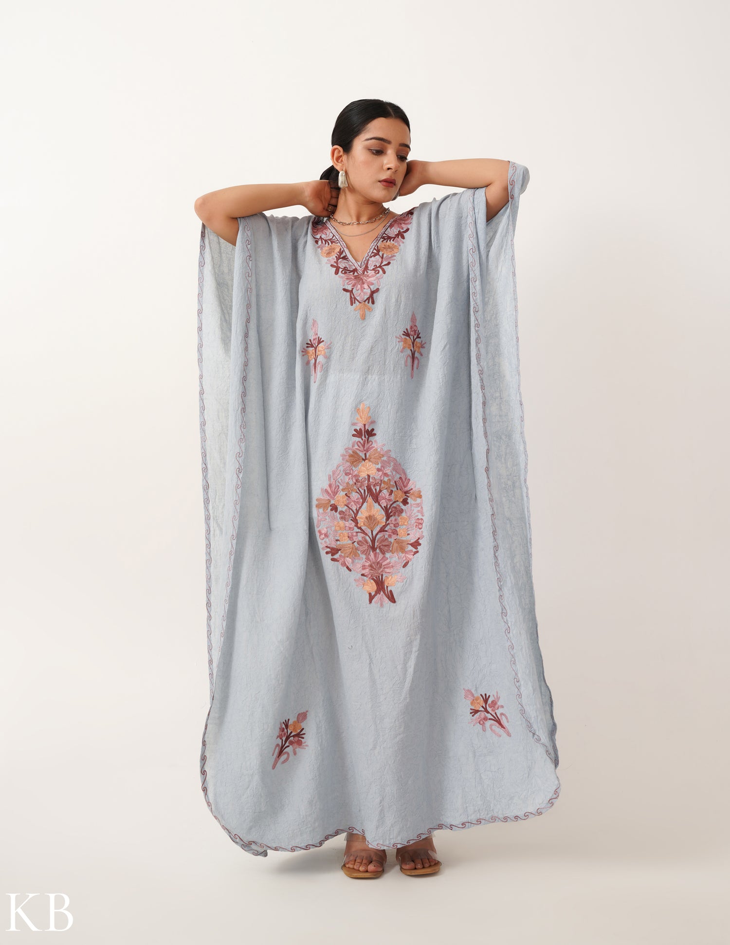 Rosy Taupe Embroidered Ash Crush Cotton Kaftan - Kashmir Box