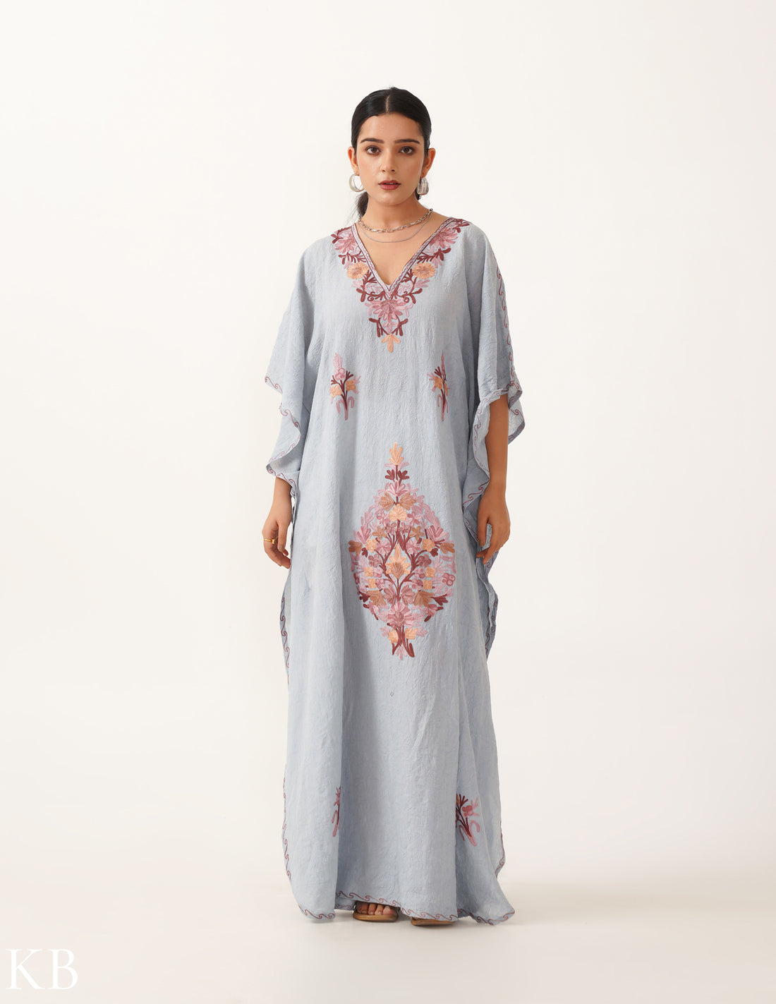 Rosy Taupe Embroidered Ash Crush Cotton Kaftan - Kashmir Box