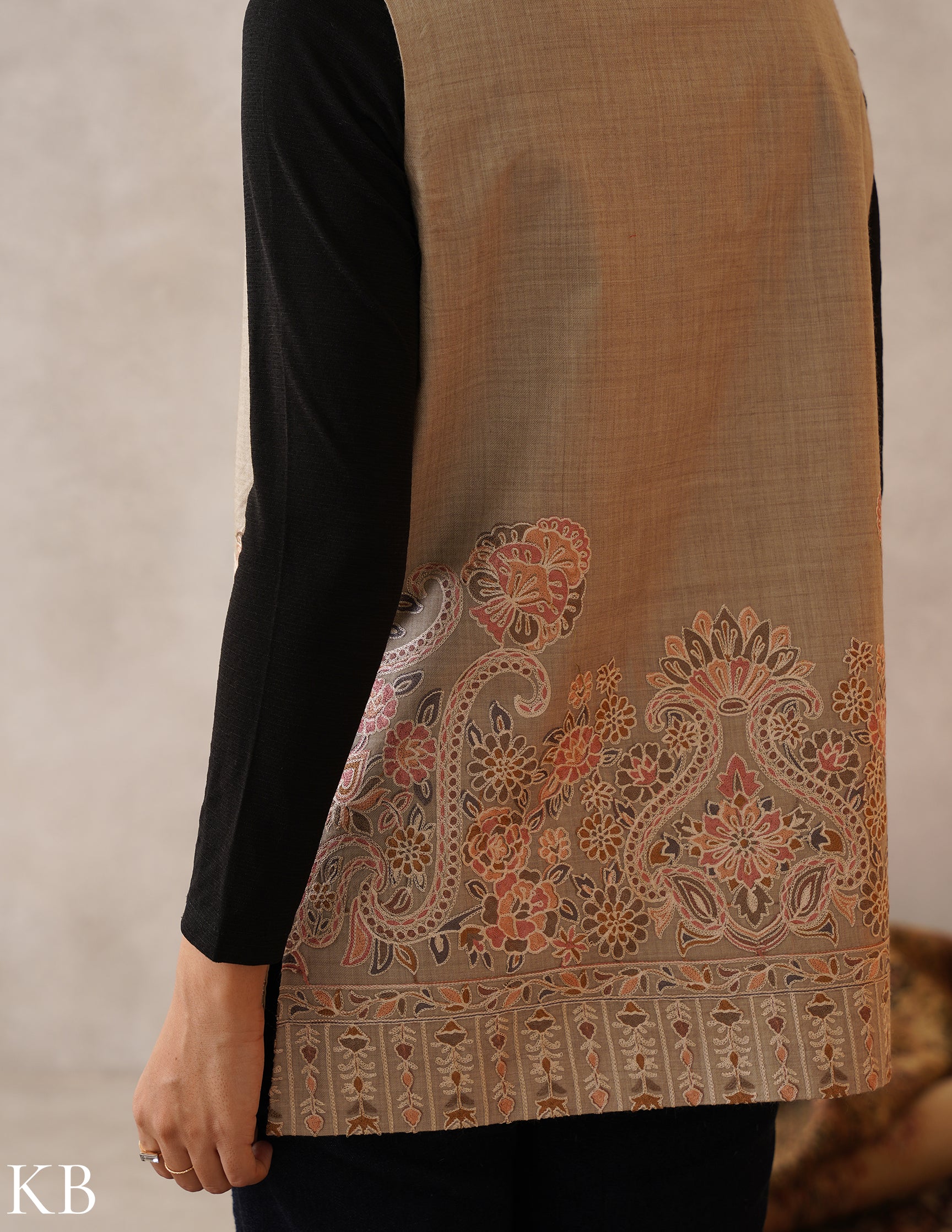 Nayaab Oyster Grey Kashmiri Aari Fine Wool Waistcoat