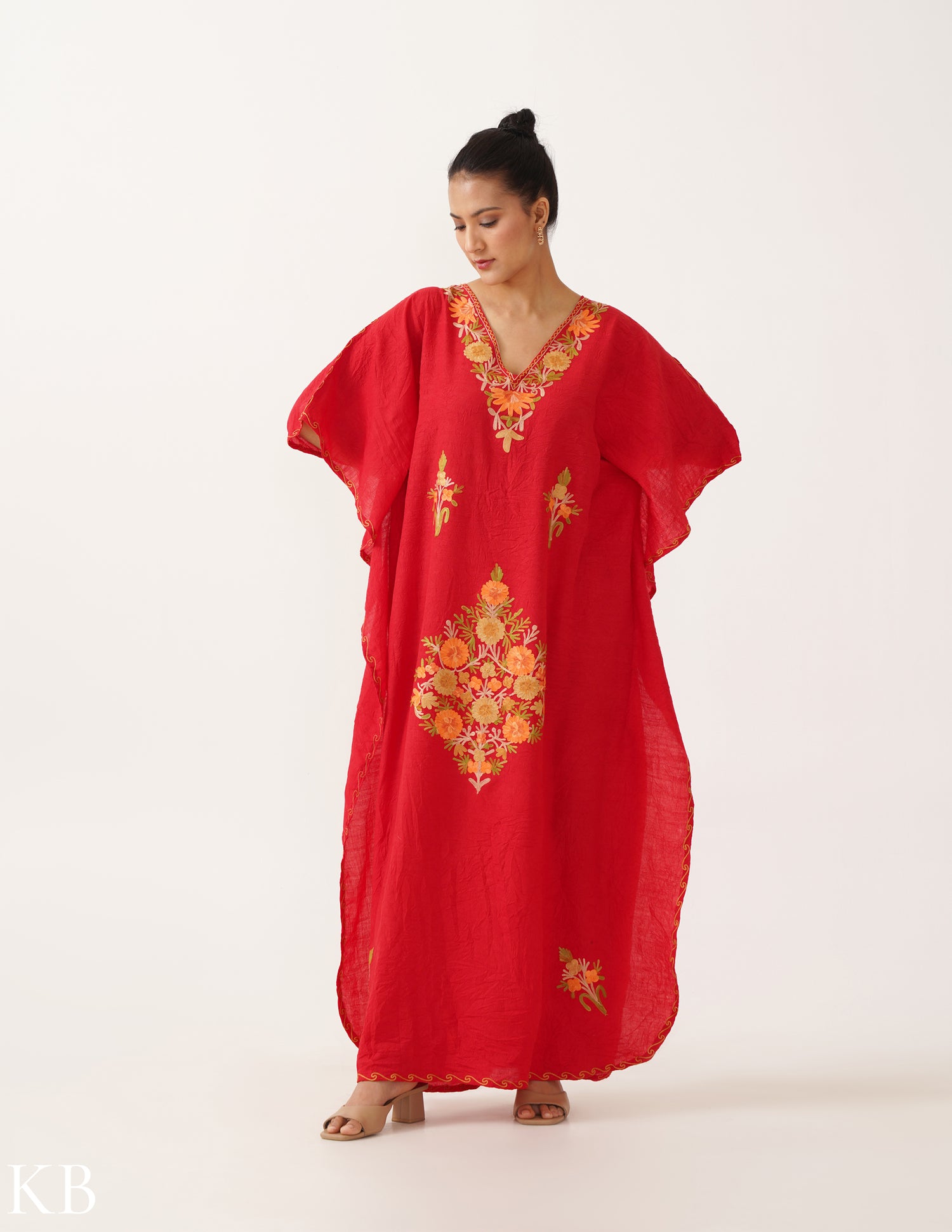 Bloom Embroidered Vibrant Red Crush Cotton Kaftan - Kashmir Box