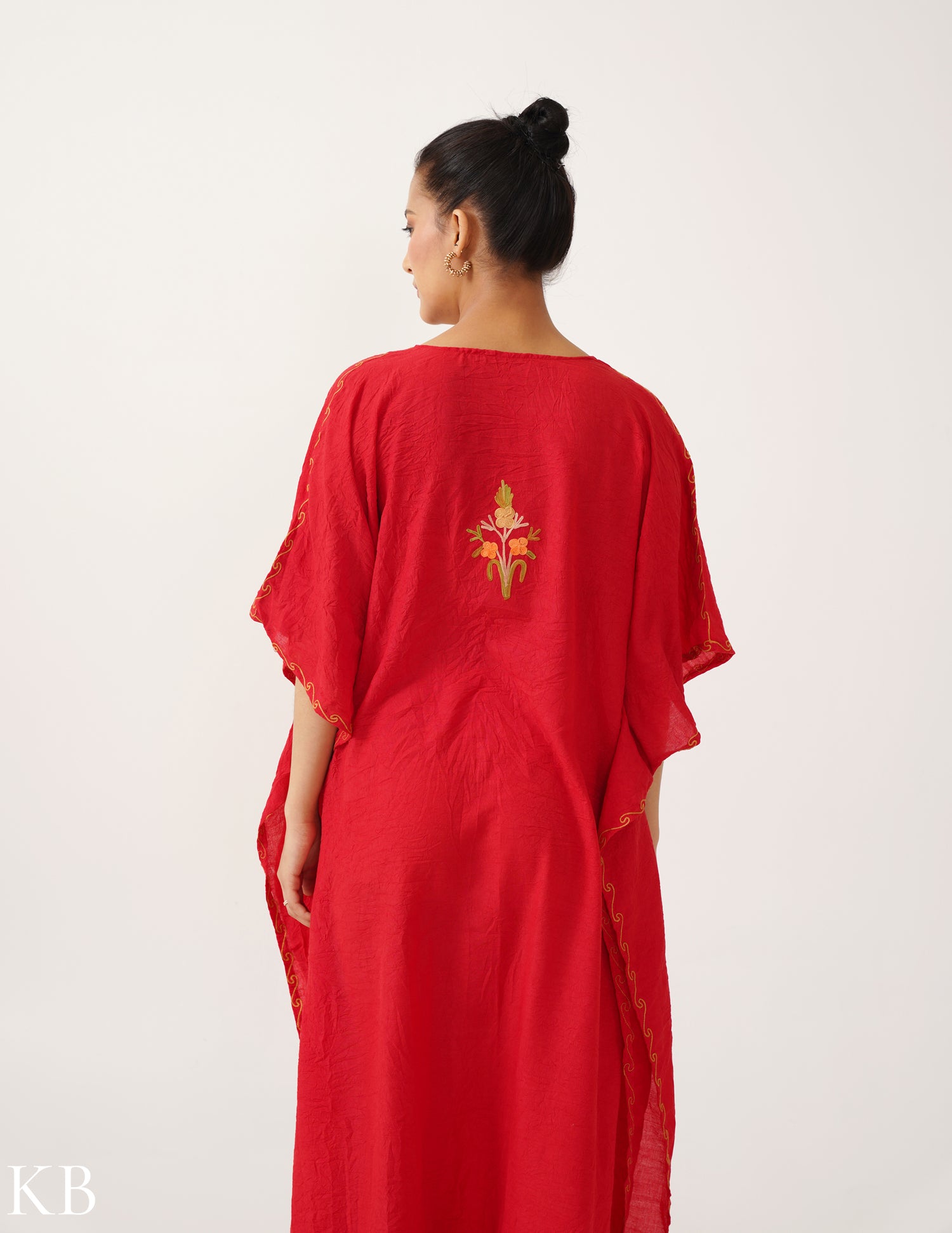 Bloom Embroidered Vibrant Red Crush Cotton Kaftan - Kashmir Box