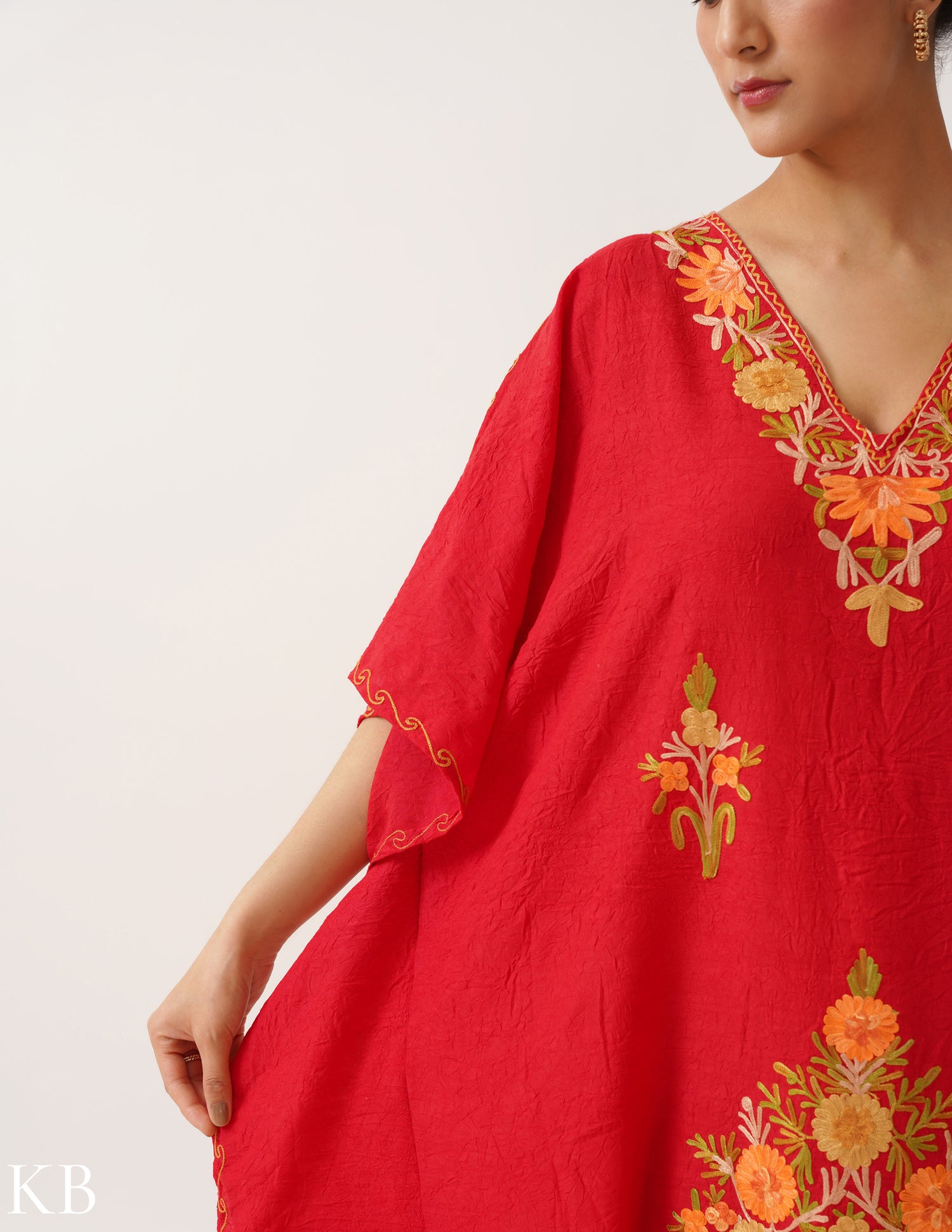 Bloom Embroidered Vibrant Red Crush Cotton Kaftan - Kashmir Box