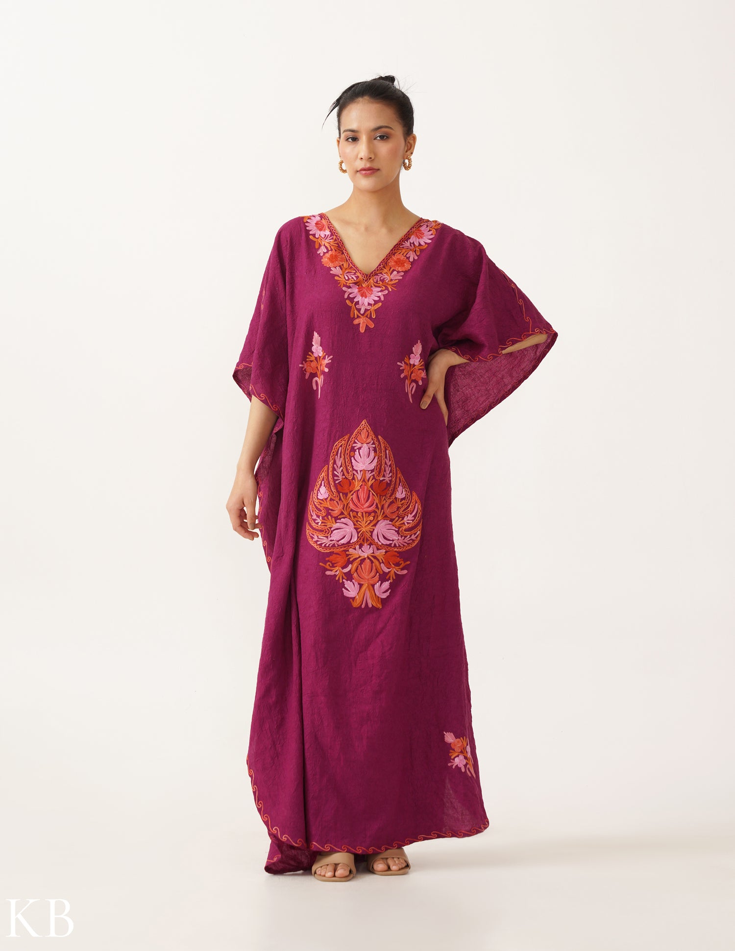 Deep Magenta Embroidered Cotton Kaftan - Kashmir Box