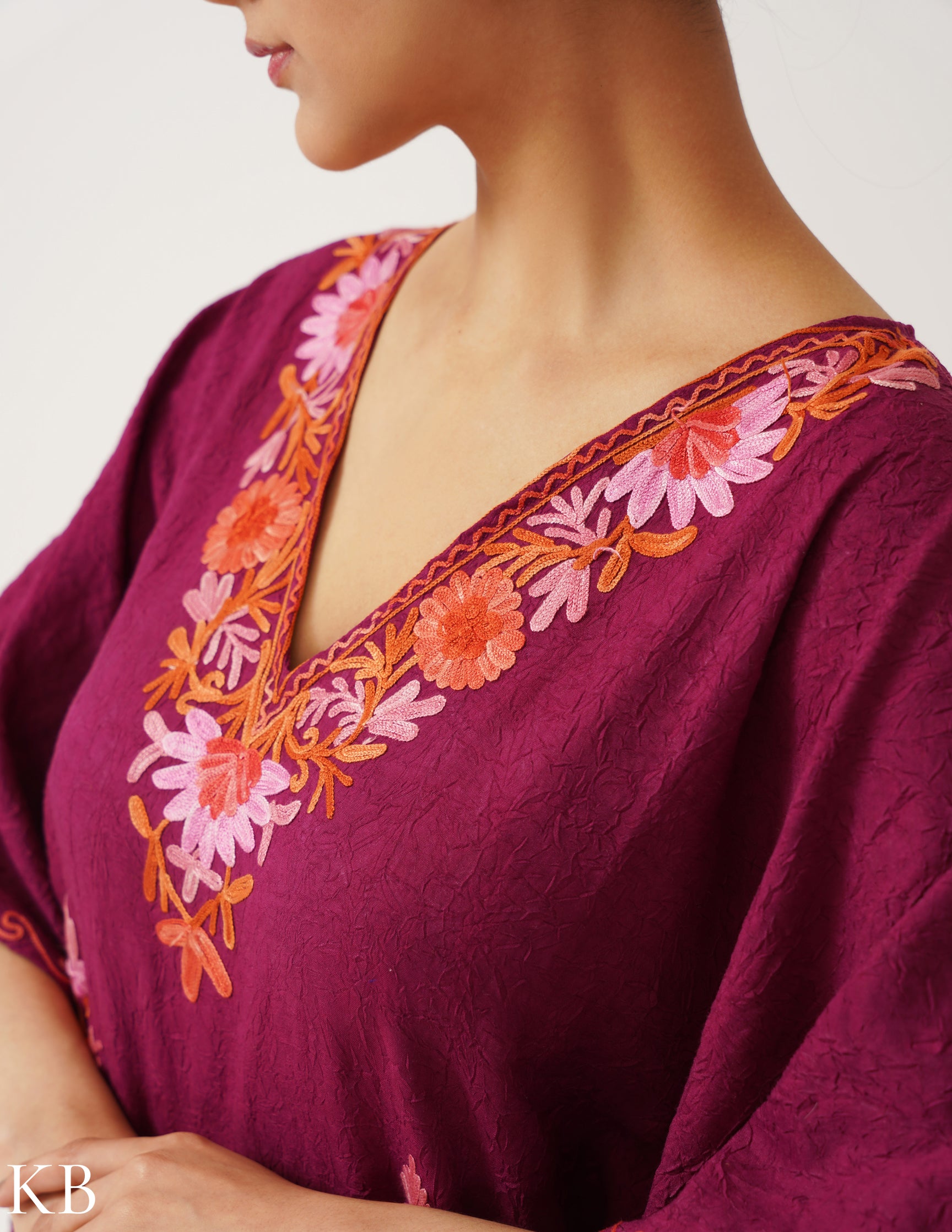 Deep Magenta Embroidered Cotton Kaftan - Kashmir Box