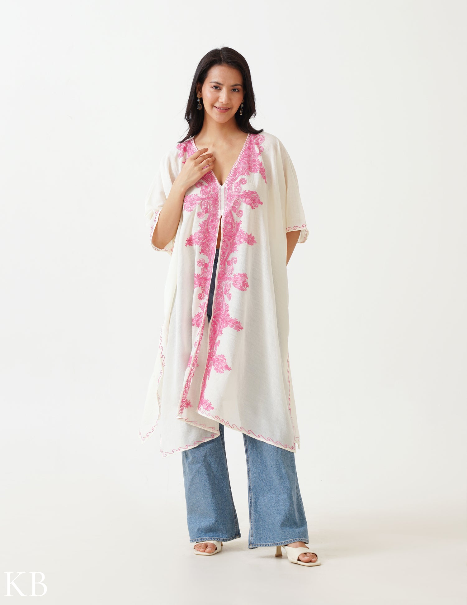 White Aari Embellished Cotton Kaftan - Kashmir Box