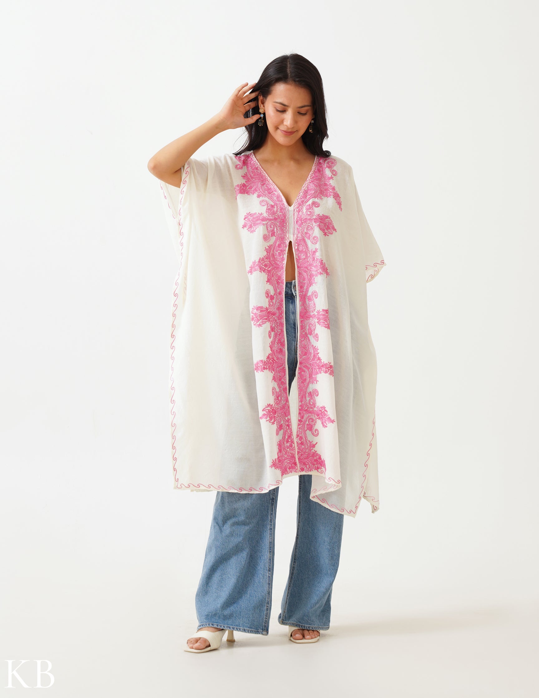 White Aari Embellished Cotton Kaftan - Kashmir Box