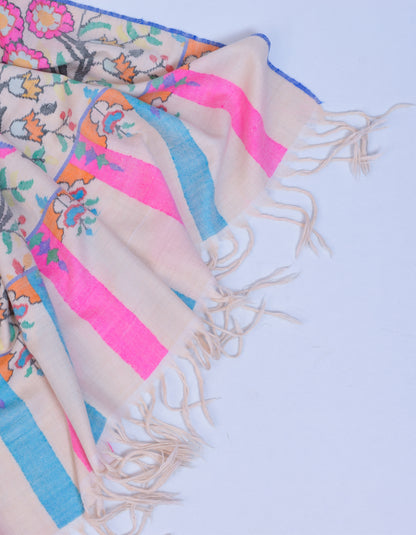 Cream Handwoven Kani Bouquet Pattern Pashmina Shawl