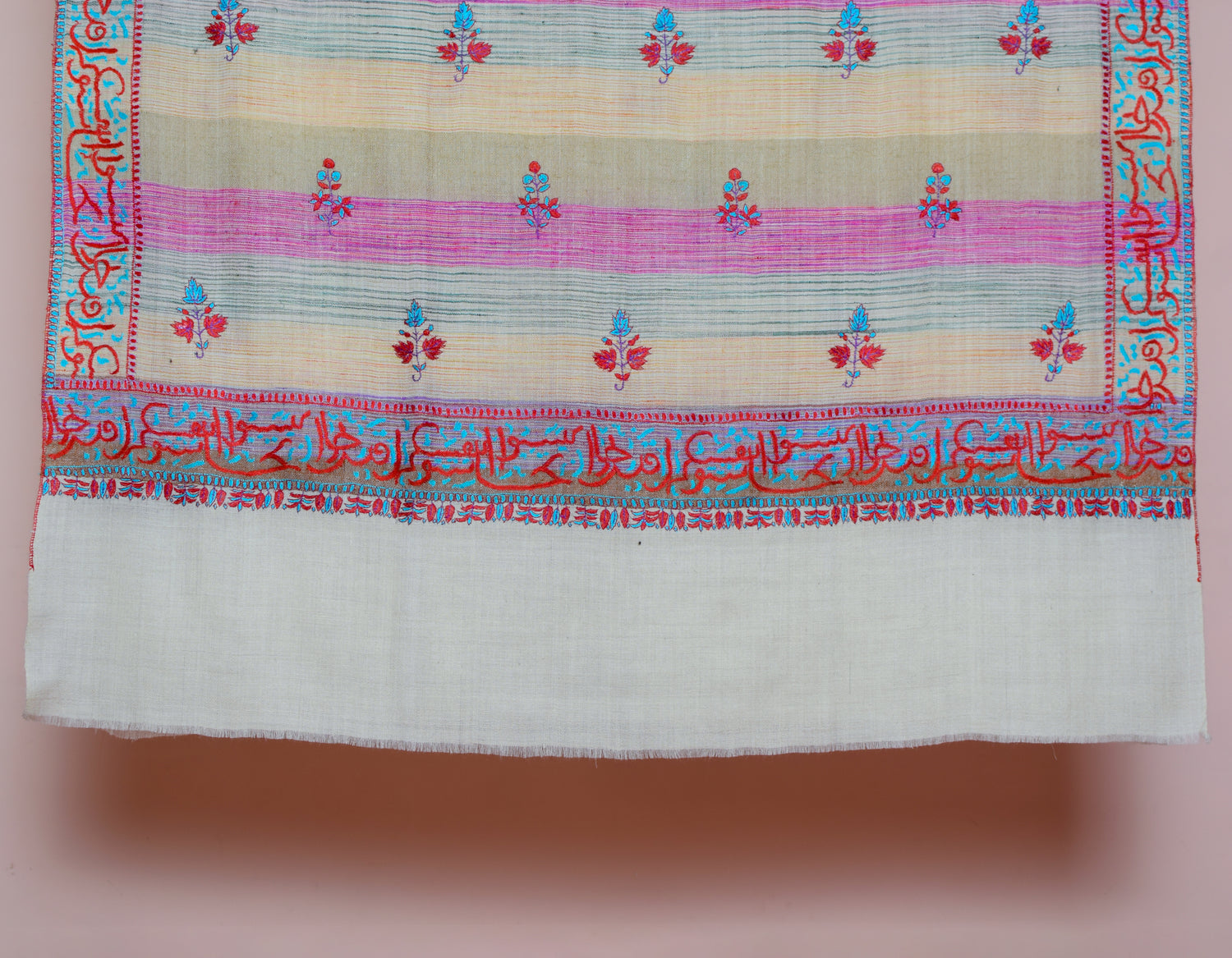 Natural Cream Handwoven Arabic calligraphy Embroidered Cashmere Pashmina Shawl