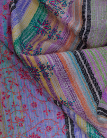 Modern Multicolour Stripes Handwoven Floral Sozni Embroidered Cashmere Pashmina Stole