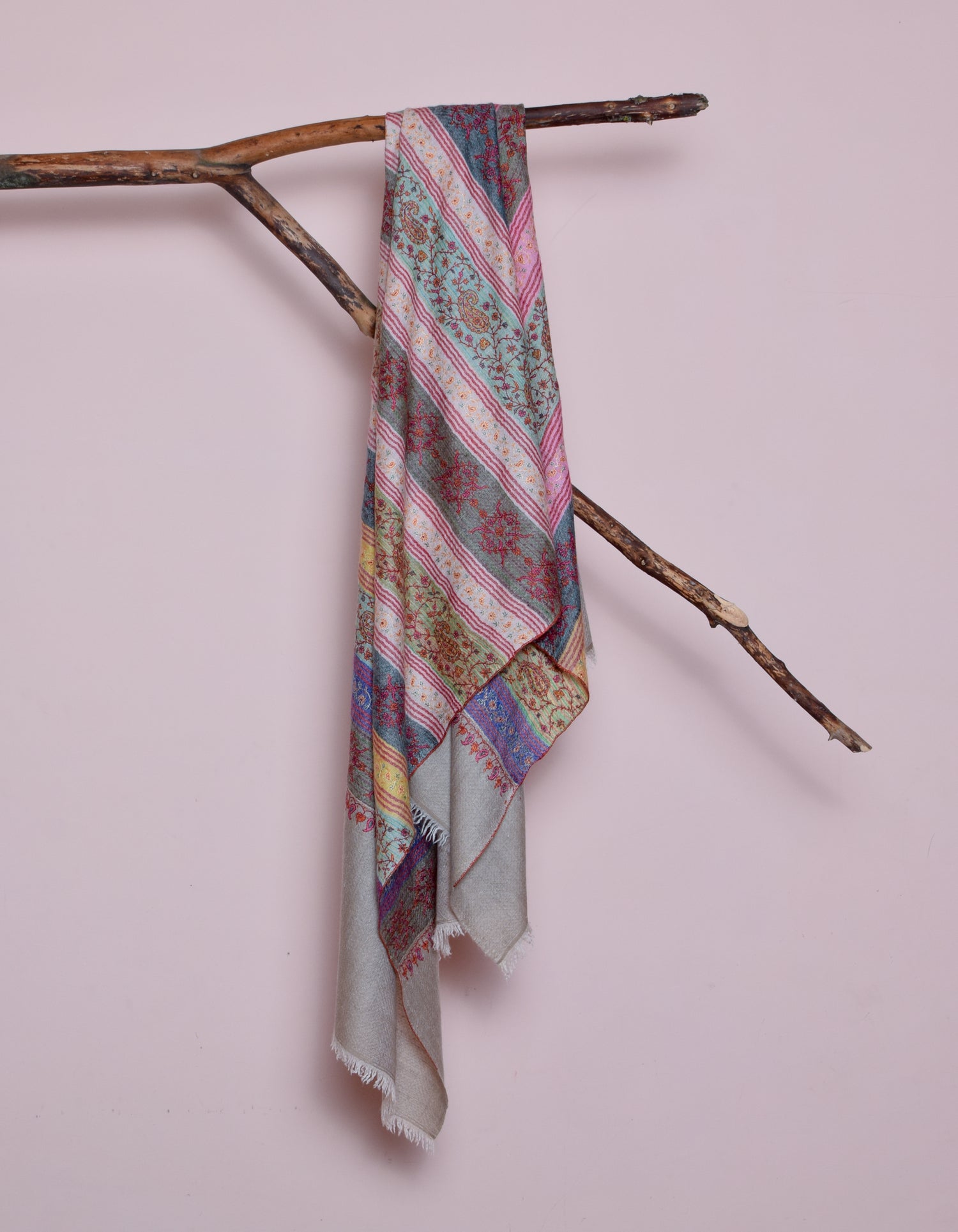 Modern Coloured Stripes Handwoven Sozni Embroidered Cashmere Pashmina Stole