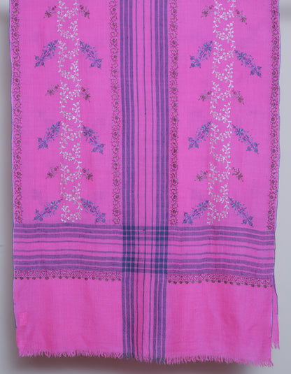 Modern Royal Pink Handwoven Stripes Embroidered Cashmere Pashmina Stole