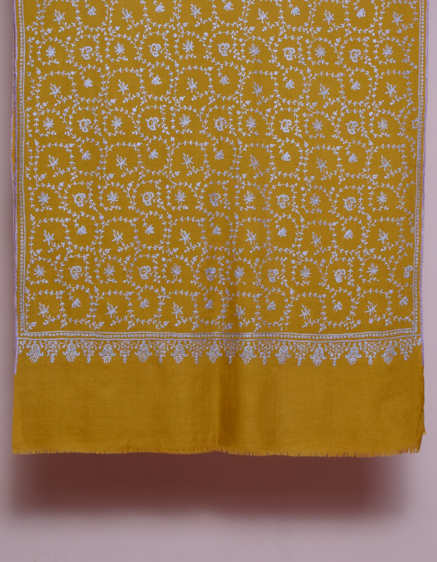 Mustard Yellow Handwoven Sozni Jaali Embroidered Cashmere Pashmina Stole