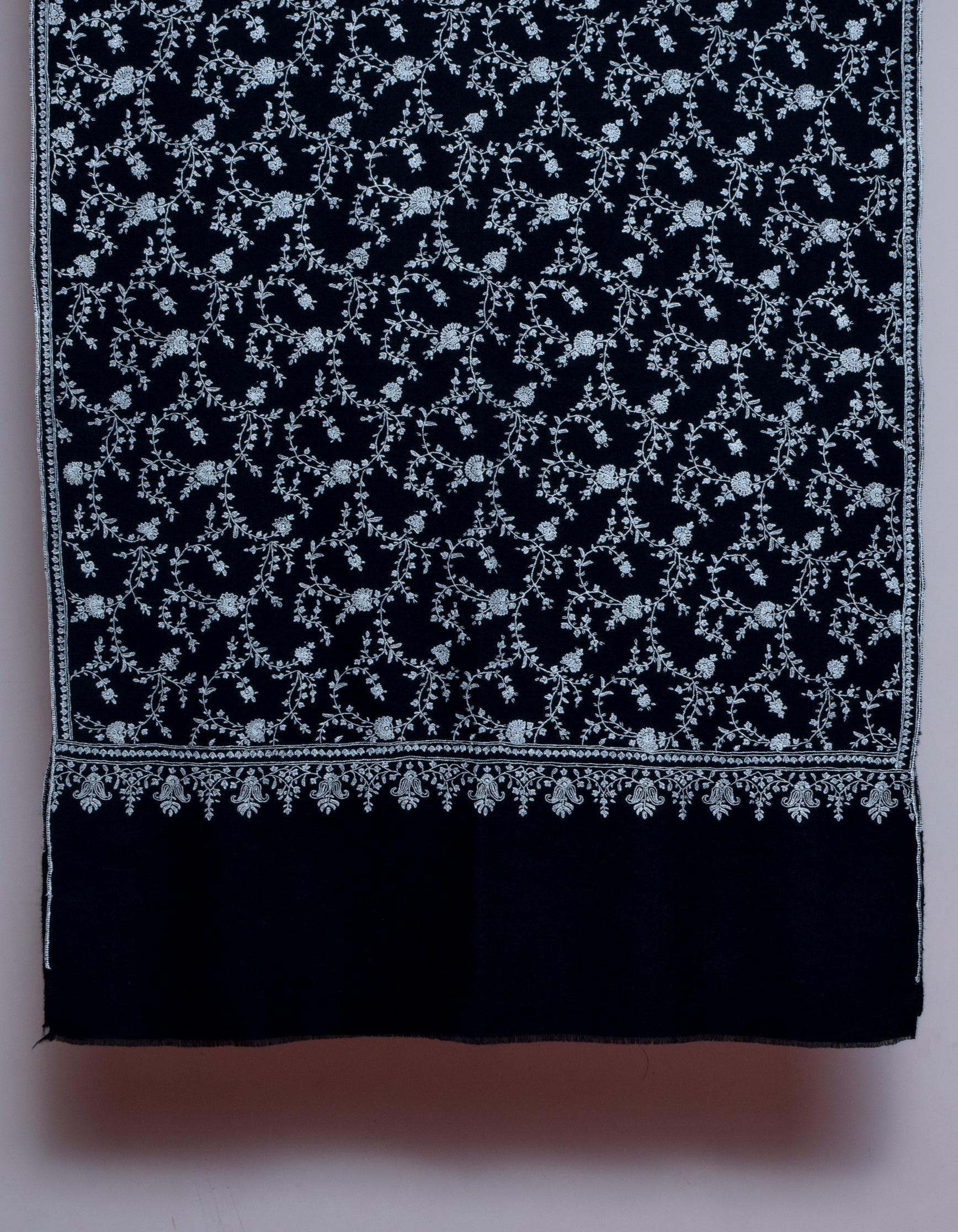 Jet Black Handwoven Sozni Jaali Embroidered Cashmere Pashmina Stole