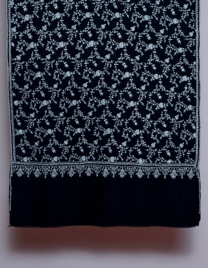 Jet Black Handwoven Sozni Jaali Embroidered Cashmere Pashmina Stole