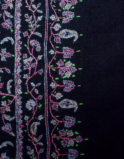 Black Handwoven Multicolour Jaali Sozni Embroidered Cashmere Pashmina Stole