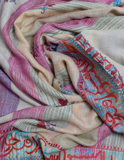 Natural Cream Handwoven Arabic calligraphy Embroidered Cashmere Pashmina Shawl