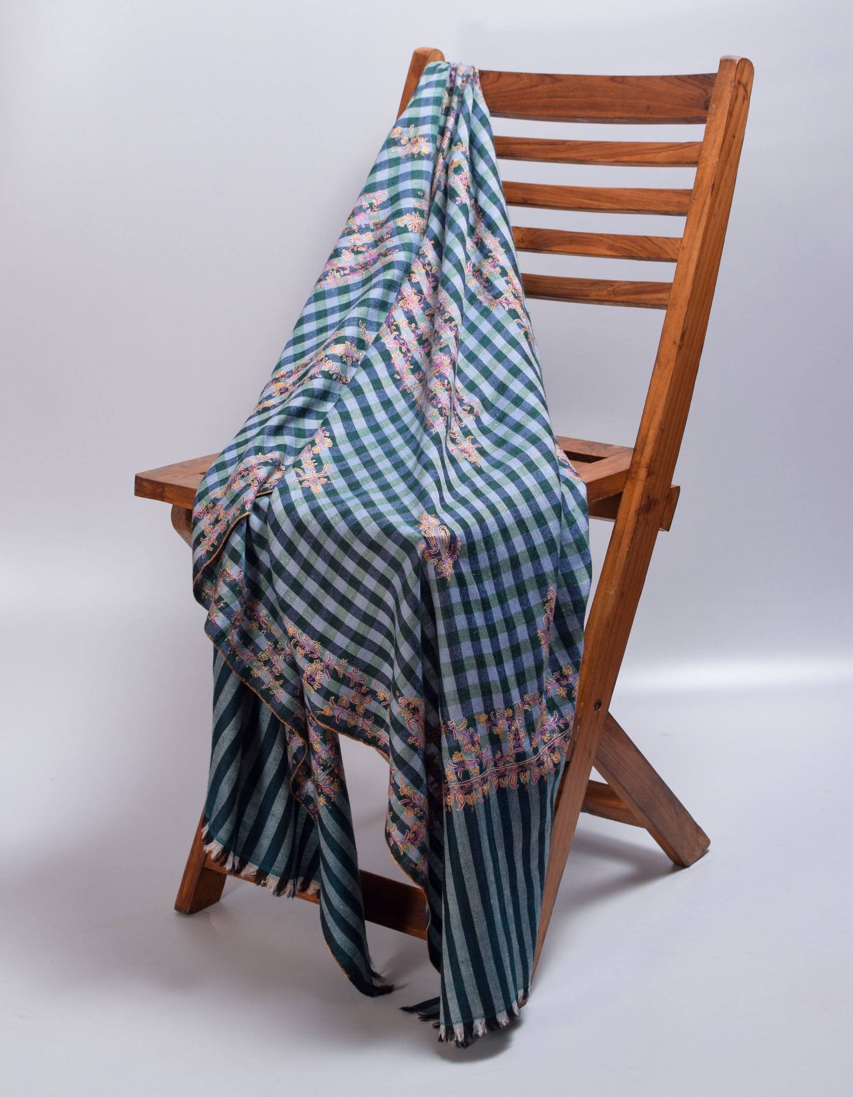 Modern Caribbean Blue Multi-Pattern Check Handwoven Embroidered Cashmere Pashmina Stole