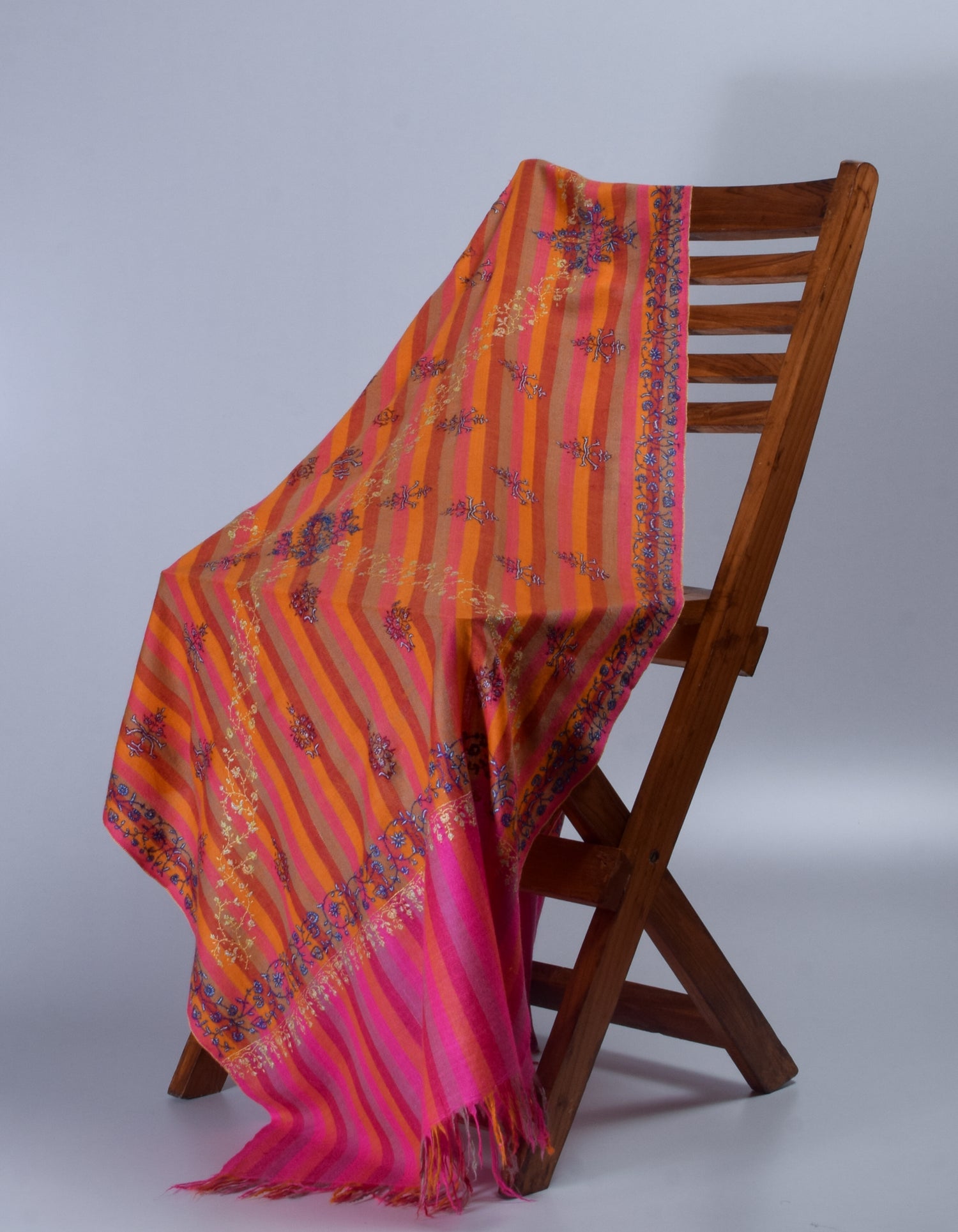 Modern Multicoloured Stripes Handwoven Sozni Embroidered Cashmere Pashmina Stole