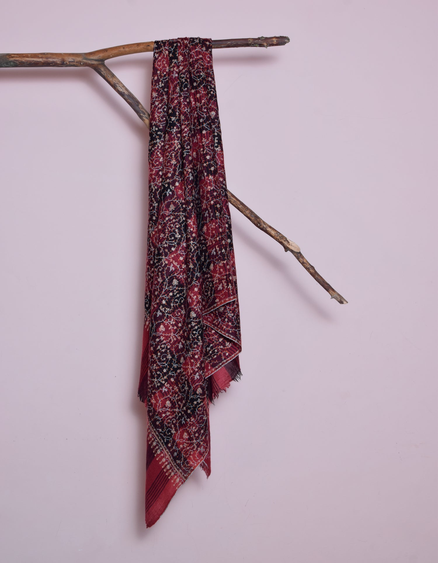 Maroon Black Check Handwoven Sozni Embroidered Cashmere Pashmina Shawl