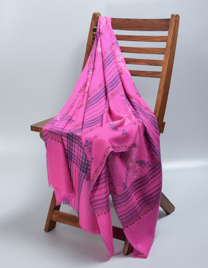 Modern Royal Pink Handwoven Stripes Embroidered Cashmere Pashmina Stole