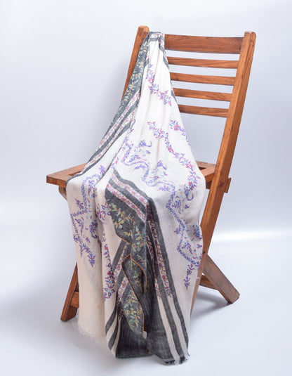 Modern Cream Multi-Pattern Handwoven Embroidered Cashmere Pashmina Stole