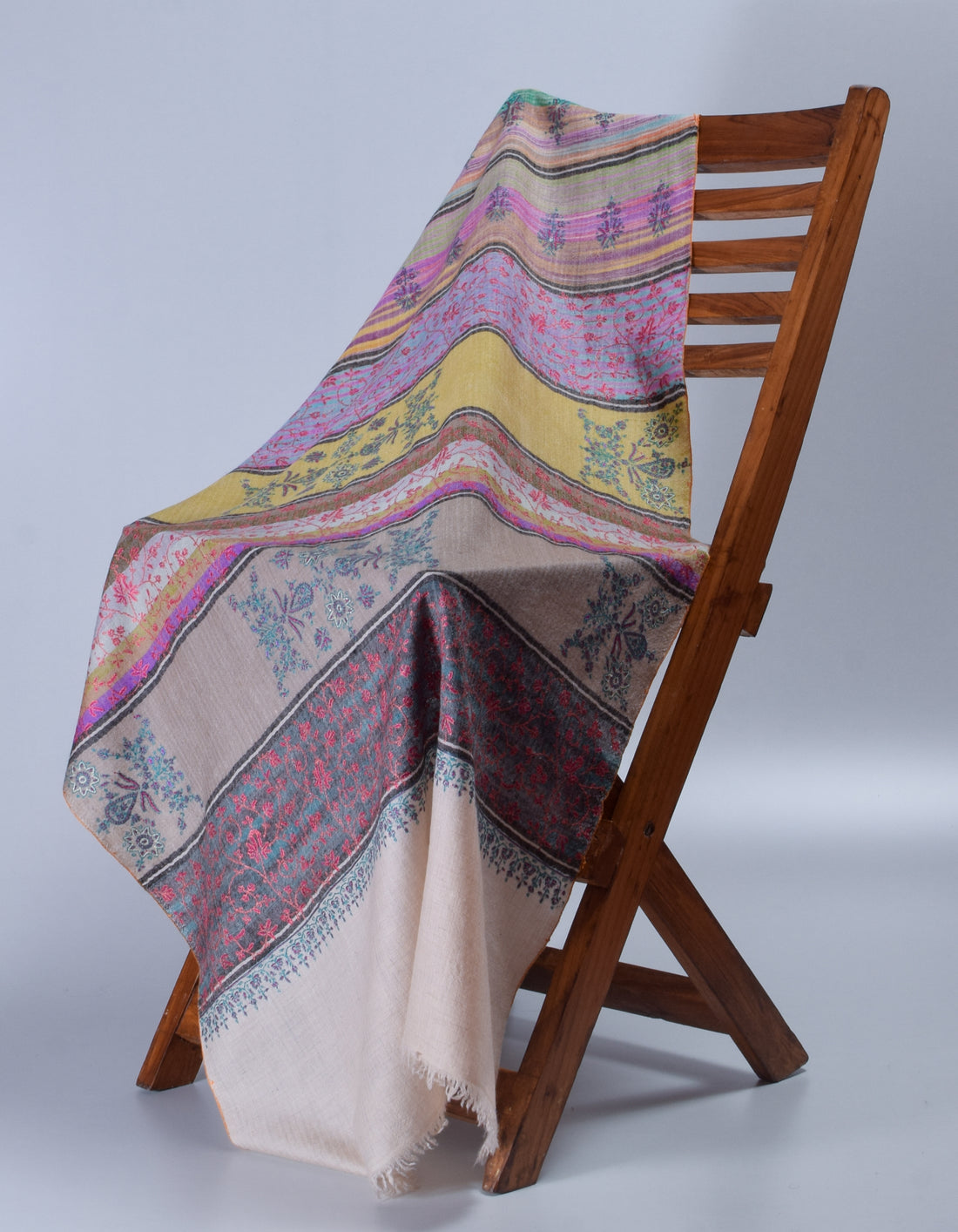 Modern Multicolour Stripes Handwoven Floral Sozni Embroidered Cashmere Pashmina Stole