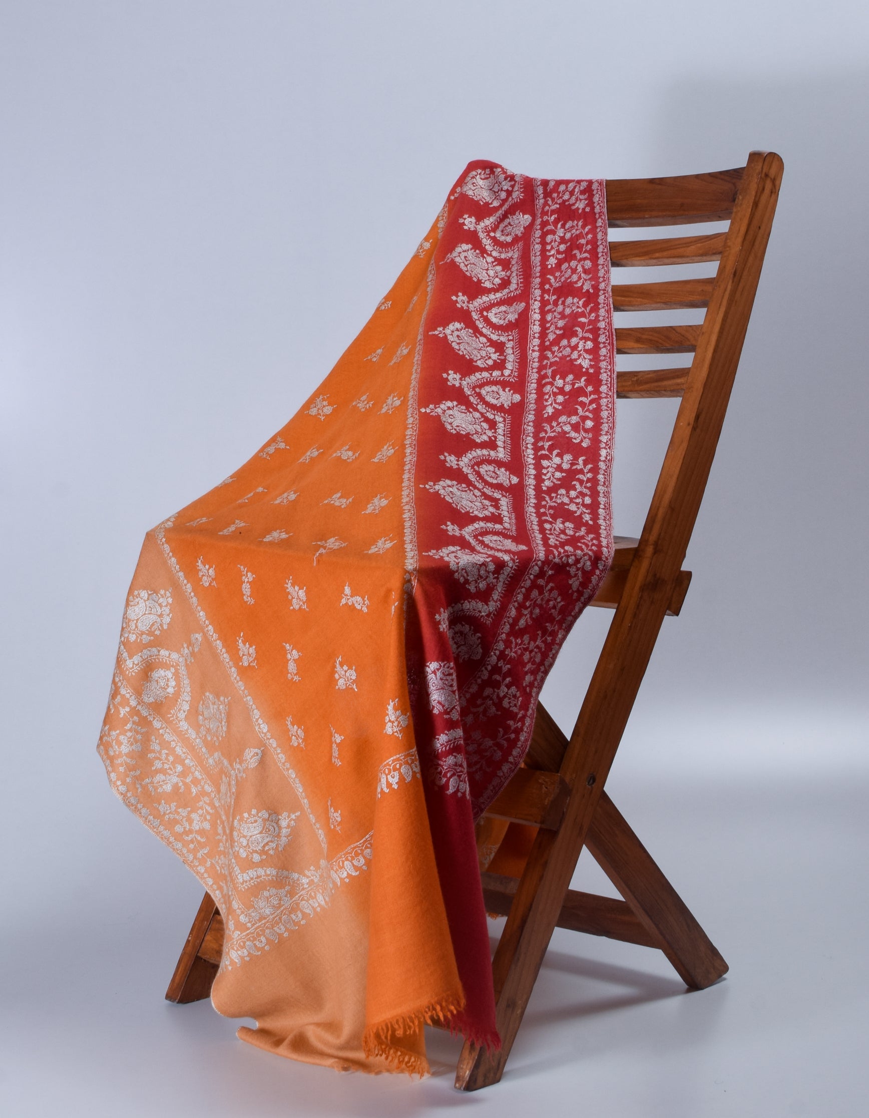 Ombre Orange-Red Handwoven Sozni Embroidered Cashmere Pashmina Stole