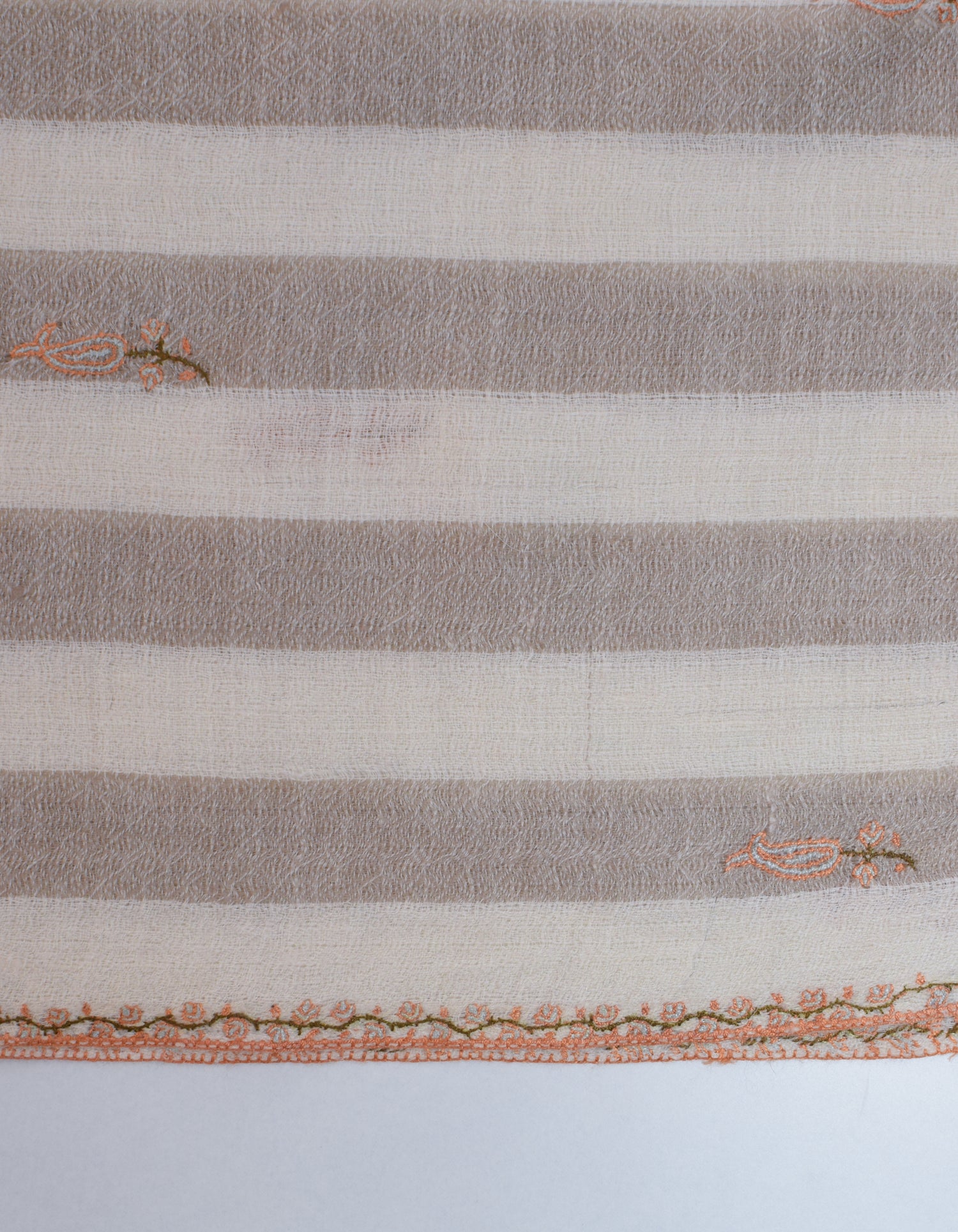 Natural Cream n Grey Stripes Handwoven Sozni Embroidered Cashmere Pashmina Stole