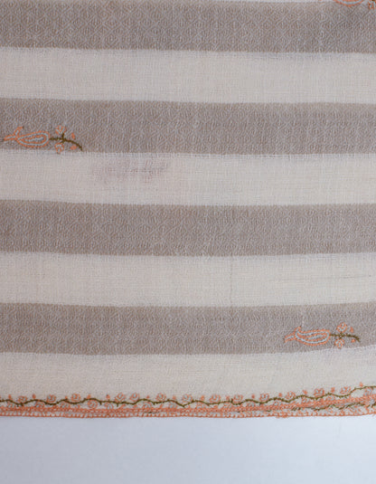 Natural Cream n Grey Stripes Handwoven Sozni Embroidered Cashmere Pashmina Stole