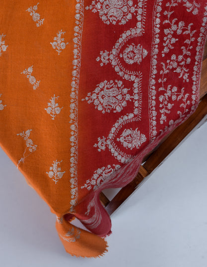 Ombre Orange-Red Handwoven Sozni Embroidered Cashmere Pashmina Stole