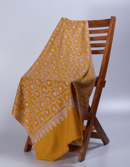 Mustard Yellow Handwoven Sozni Jaali Embroidered Cashmere Pashmina Stole