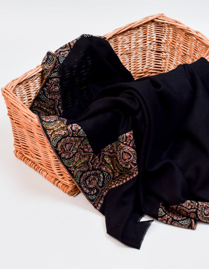 Classic Black Handwoven Sozni Embroidered Bordered Pashmina Shawl