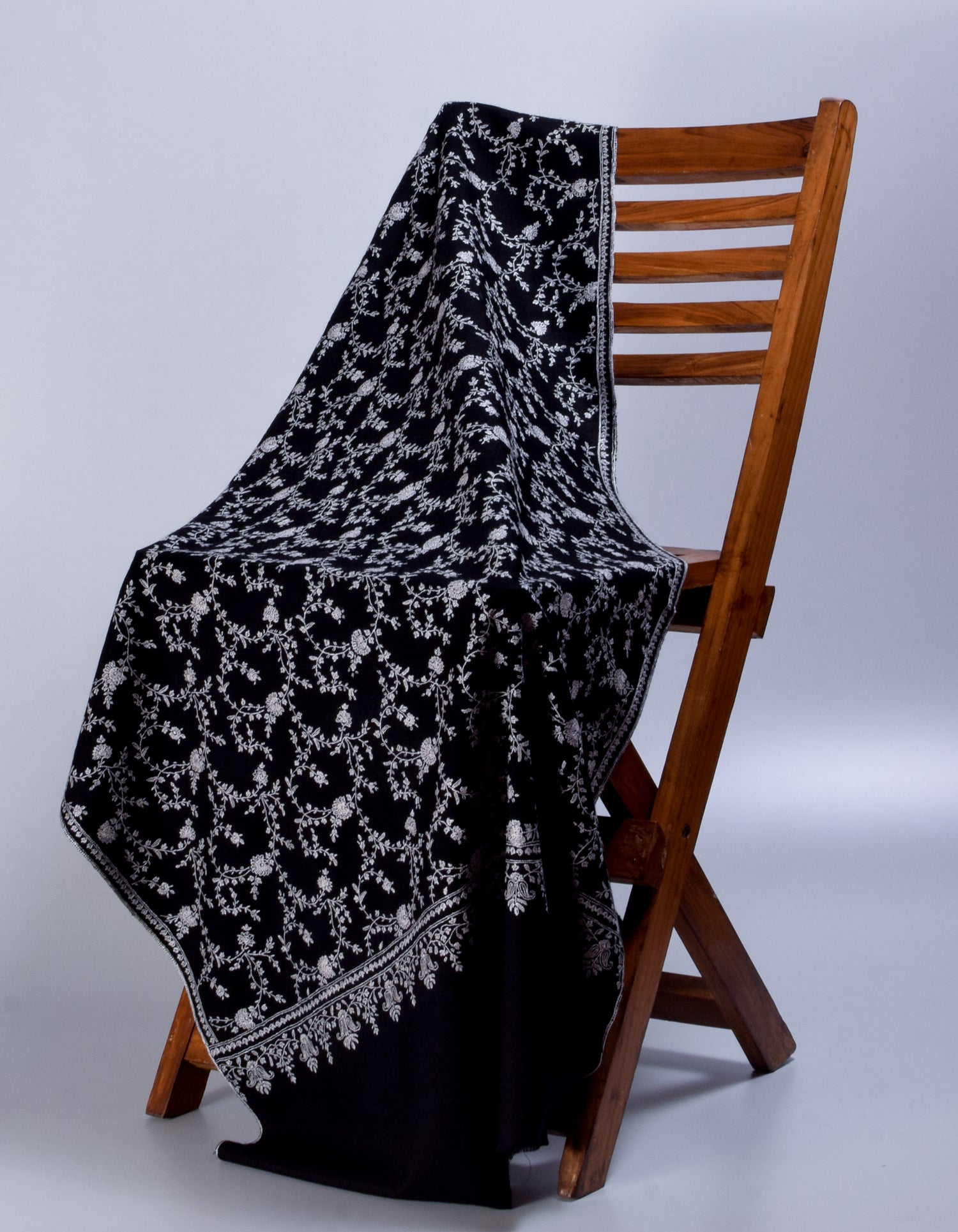 Jet Black Handwoven Sozni Jaali Embroidered Cashmere Pashmina Stole