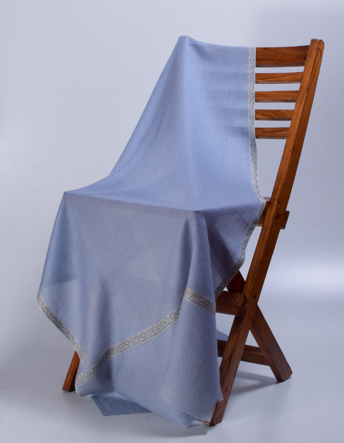 Light Blue-Grey Handwoven Sozni Border Embroidered Cashmere Pashmina Stole