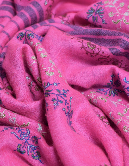 Modern Royal Pink Handwoven Stripes Embroidered Cashmere Pashmina Stole