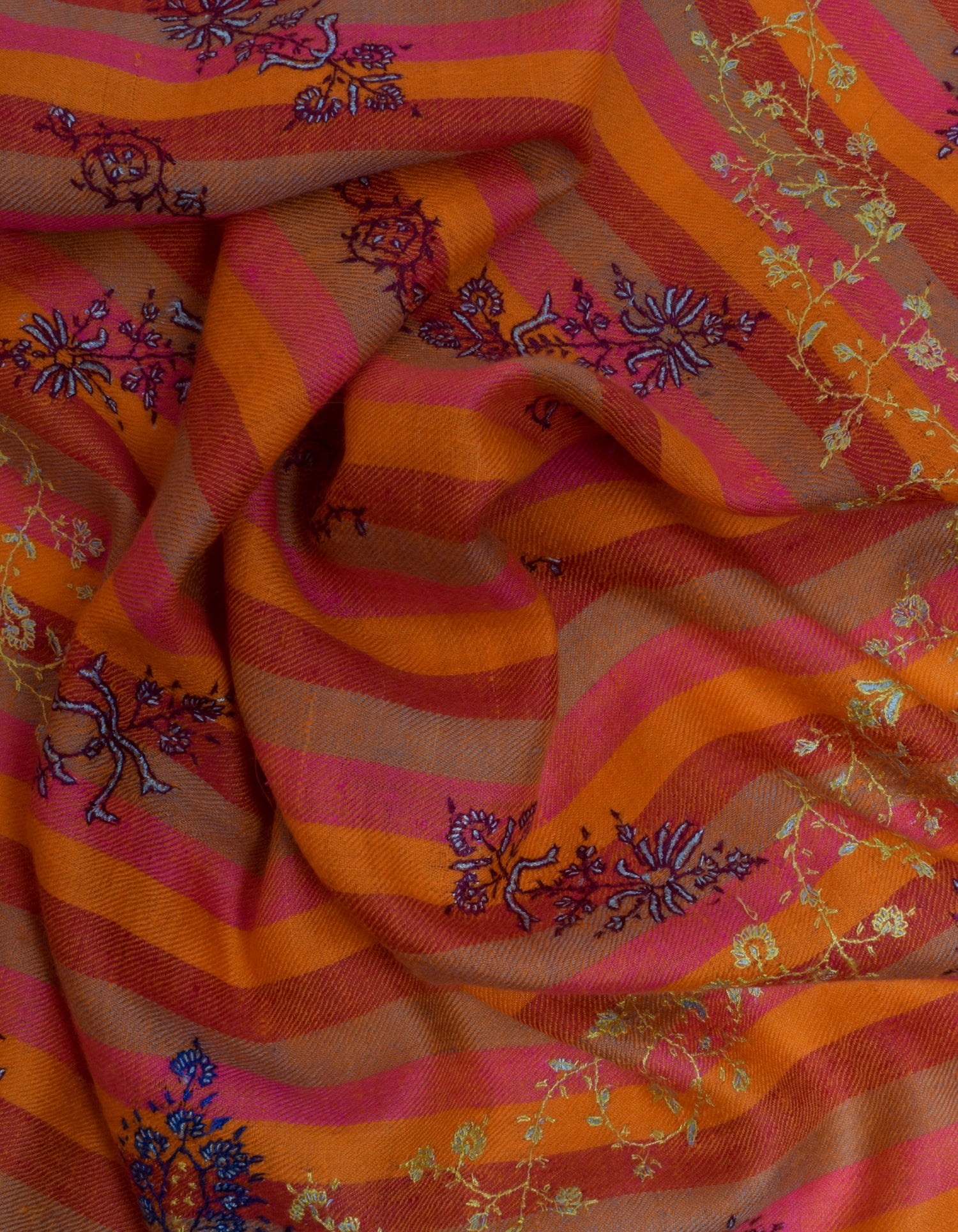 Modern Multicoloured Stripes Handwoven Sozni Embroidered Cashmere Pashmina Stole