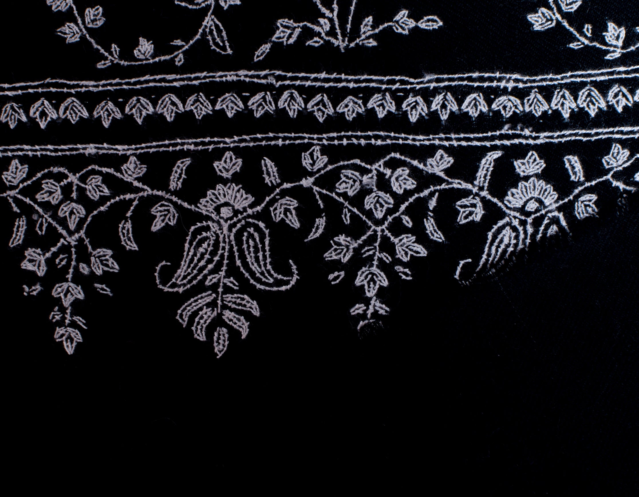 Jet Black Handwoven Sozni Jaali Embroidered Cashmere Pashmina Stole