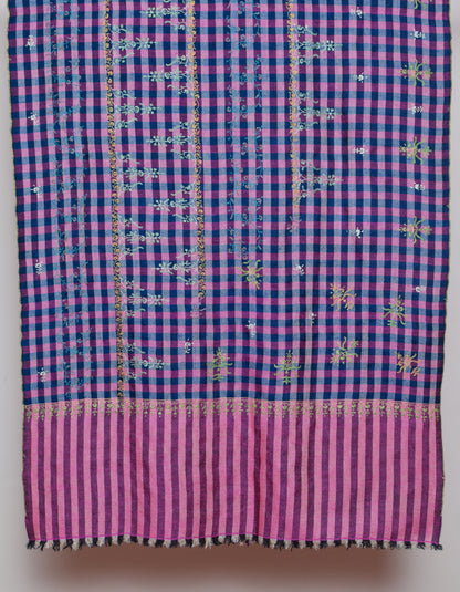 Modern Navy Pink Multi-Pattern Check  Handwoven Embroidered Cashmere Pashmina Stole